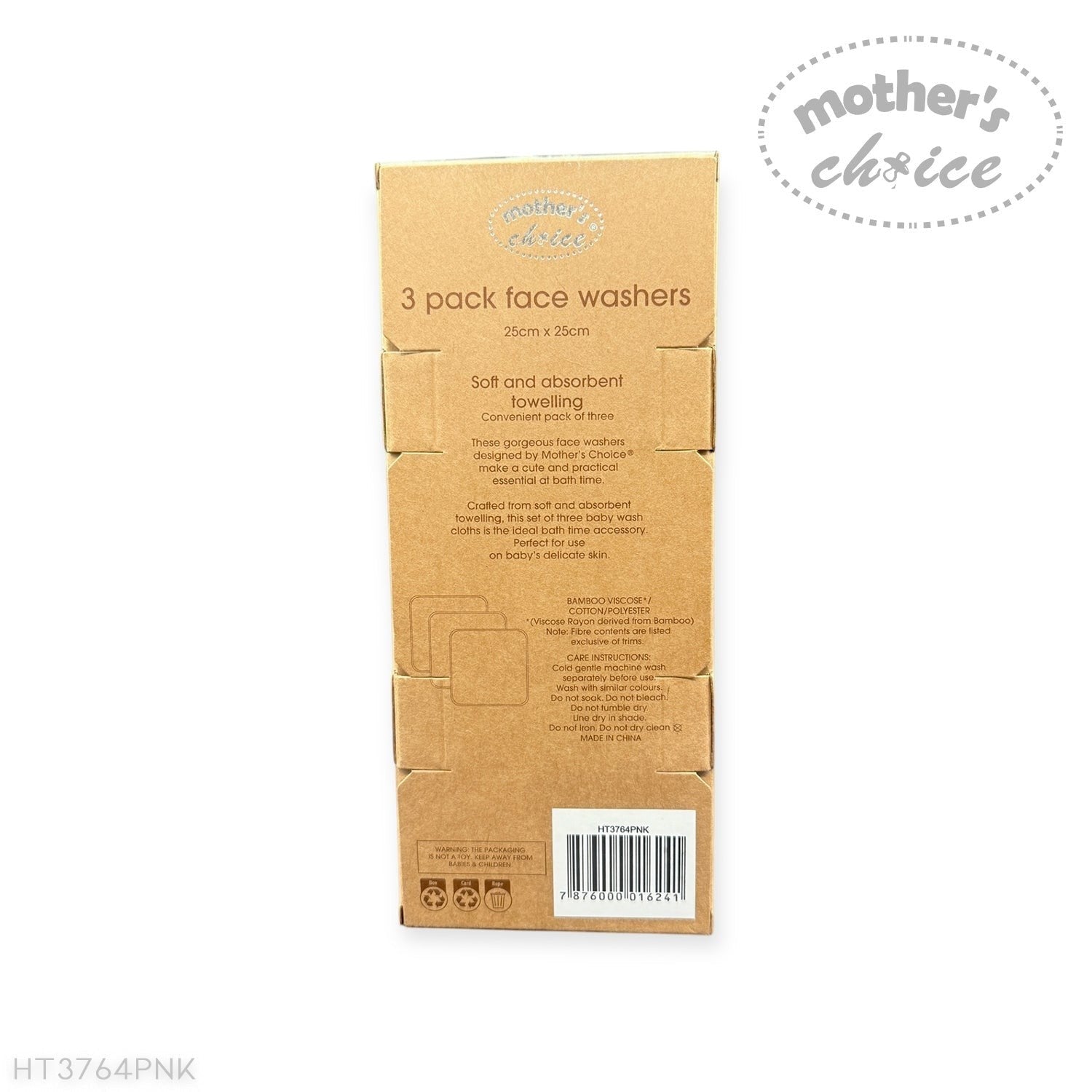 Cardboard packaging for 3-pack face washers with 'Mother's Choice' branding on a white background.