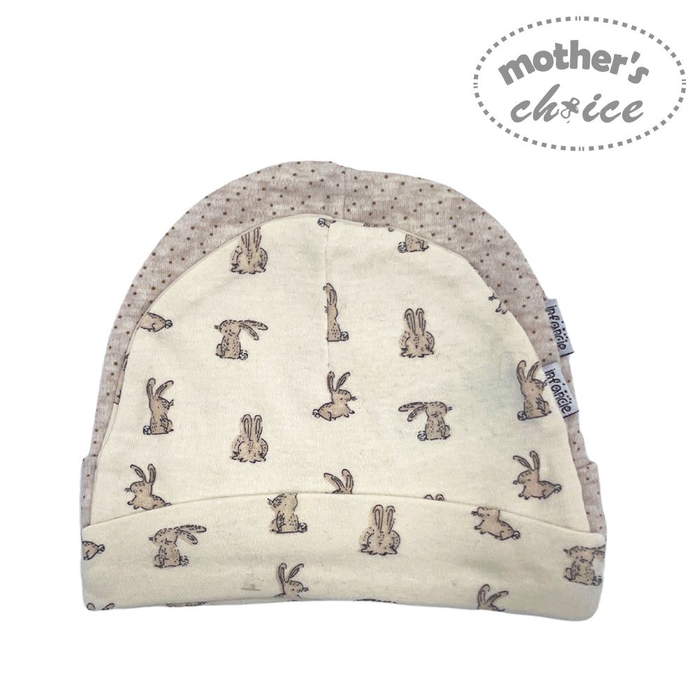 Baby hat with rabbit pattern and 'mother's choice' branding on a white background