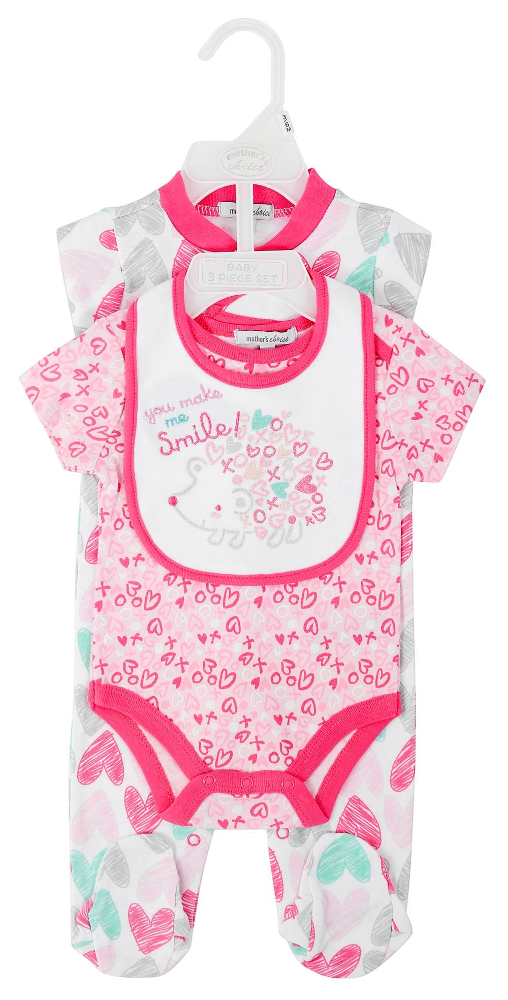 Baby romper with bib on a hanger, featuring pink and white design.