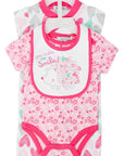 Baby romper with bib on a hanger, featuring pink and white design.