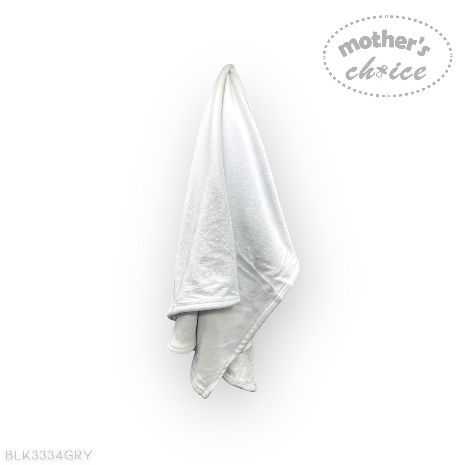 Gray towel draped over a white background with 'mother's choice' branding.
