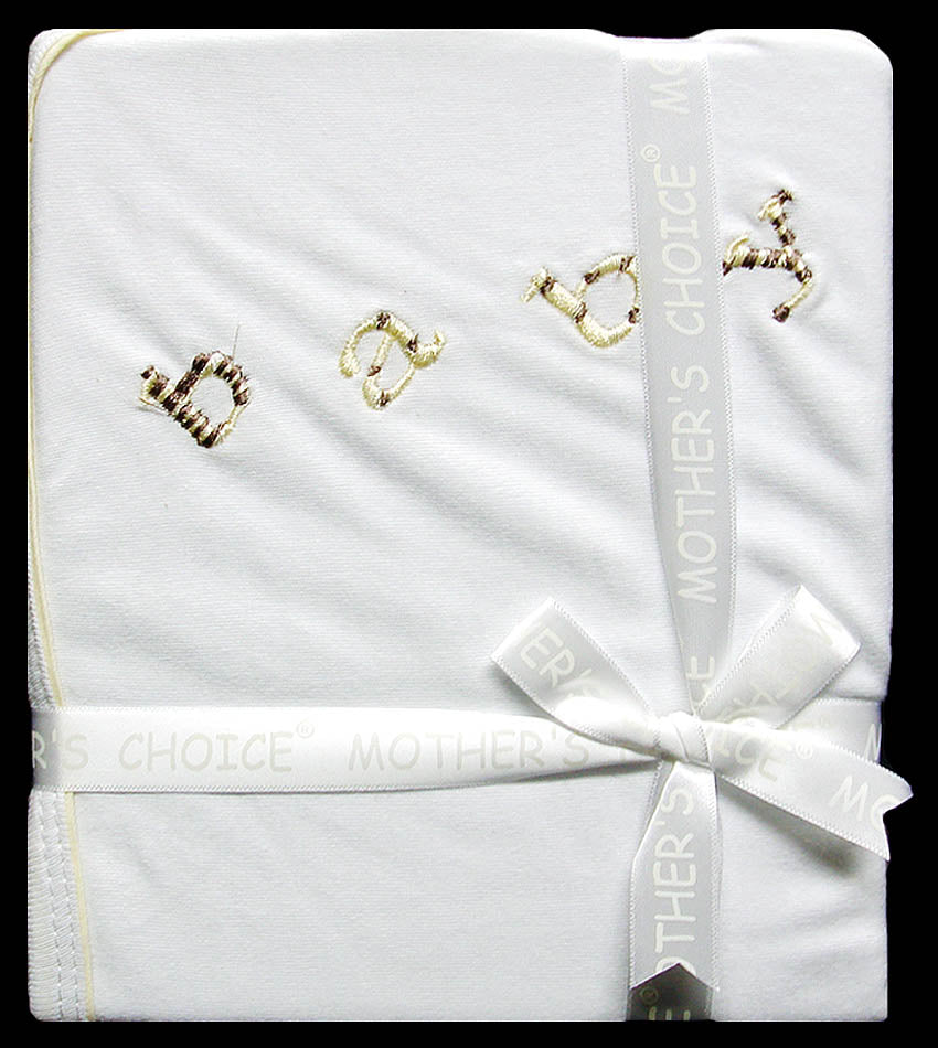 White baby blanket with gold embroidery and a ribbon, branded 'Mother's Choice'.