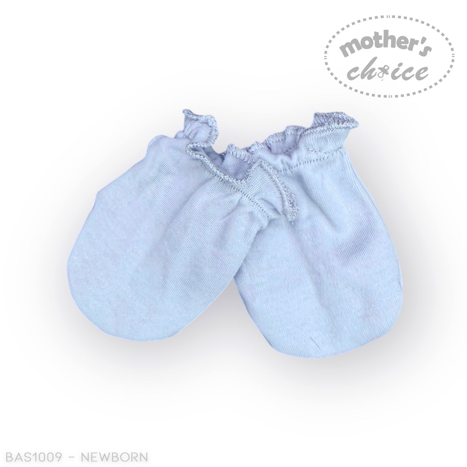 Pair of light blue baby booties on a white background with 'Mother's Choice' branding.