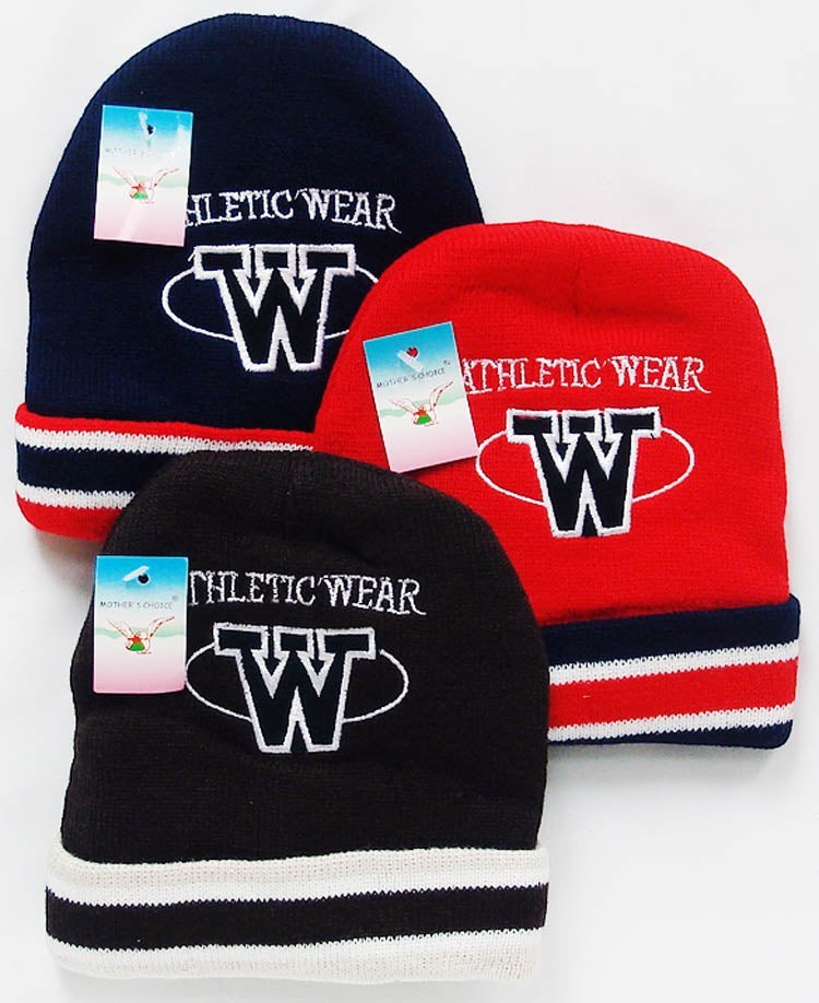 Three beanies in navy, red, and black with 'Athletic Wear' and 'W' logos on a white background.