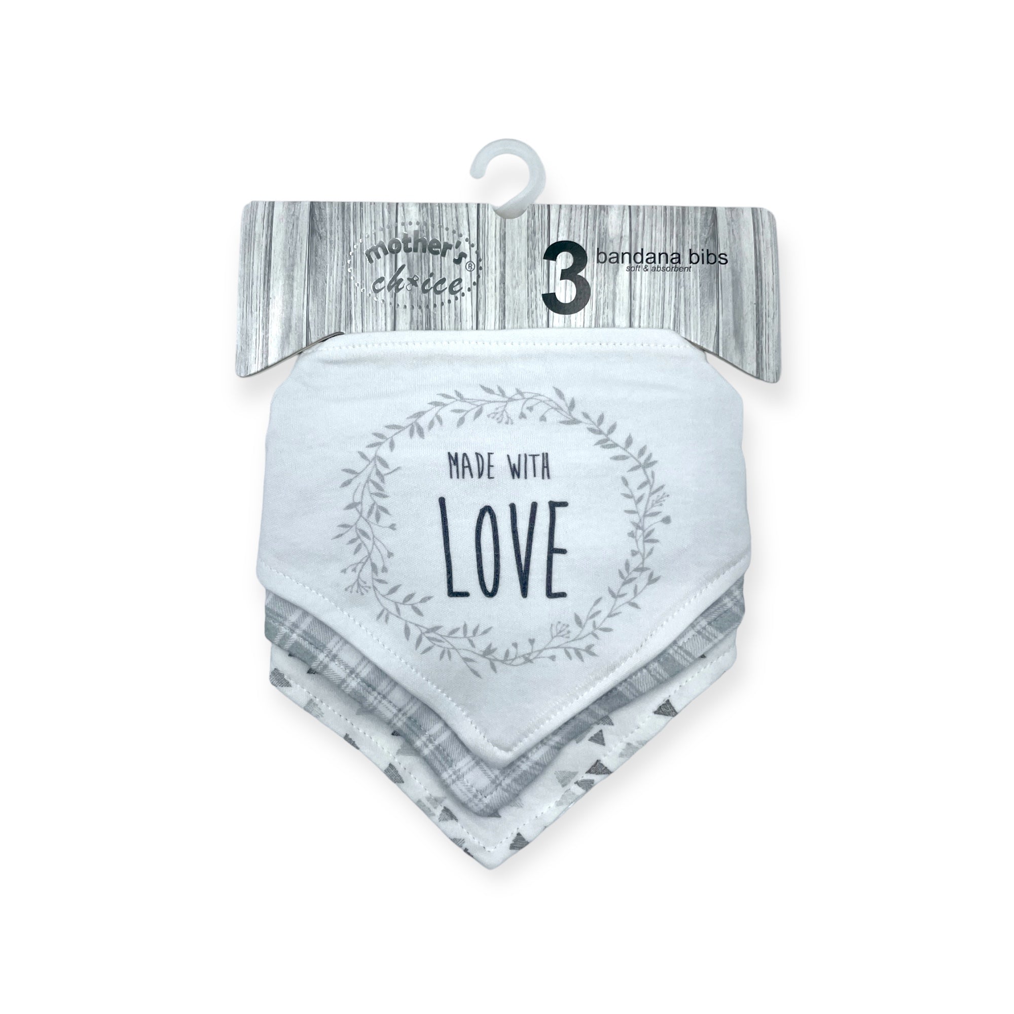 Set of three bandana bibs with 'Made with Love' text on a white background