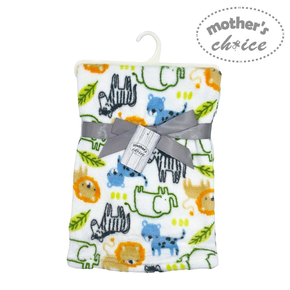 Baby blanket with animal pattern and 'Mother's Choice' tag on a white background