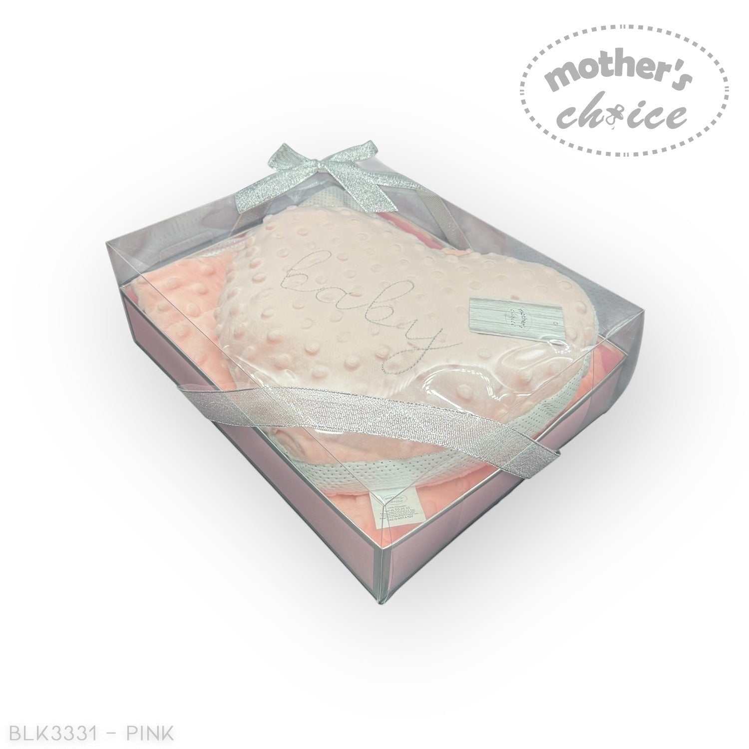 Pink baby bootie in a box with 'Mother's Choice' branding on a white background