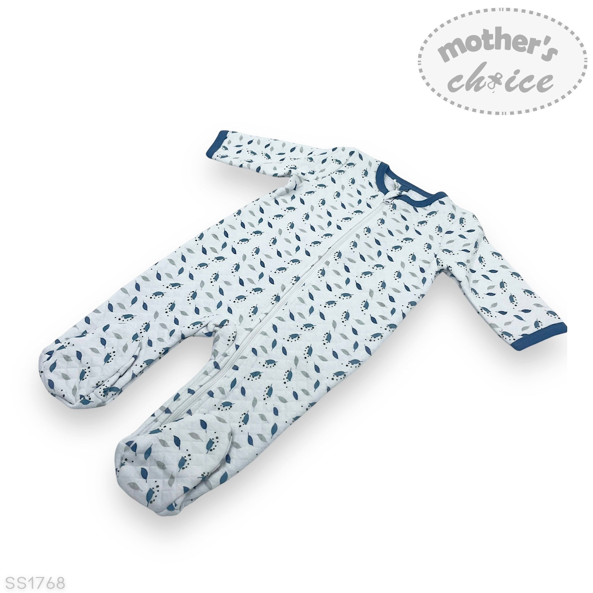 Baby onesie with blue pattern on a white background, featuring 'mother's choice' branding.