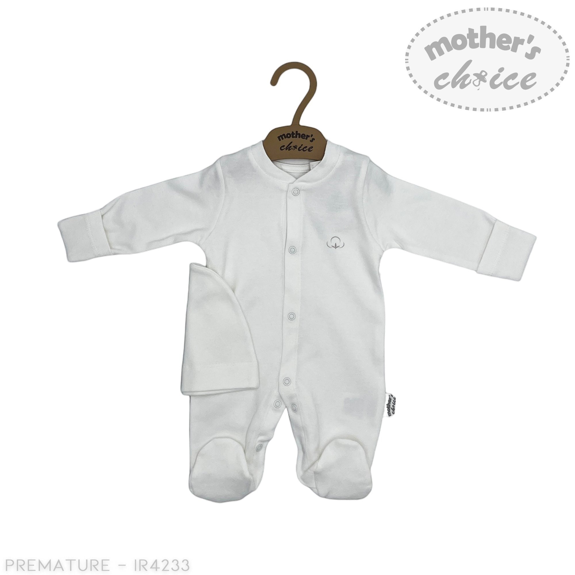White baby onesie on a hanger with 'Mother's Choice' branding on a white background