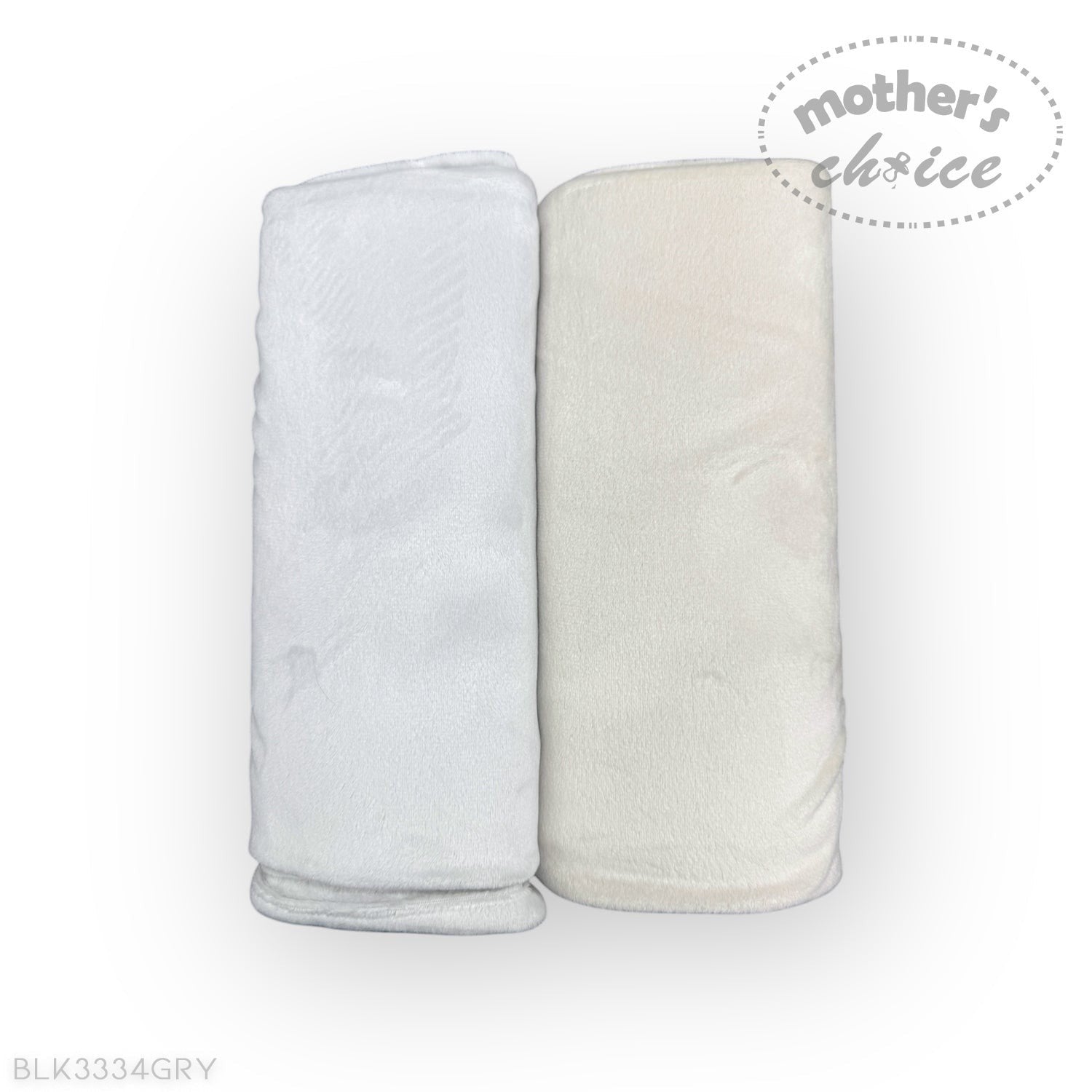 Two folded towels, one white and one beige, on a white background with 'Mother's Choice' branding.