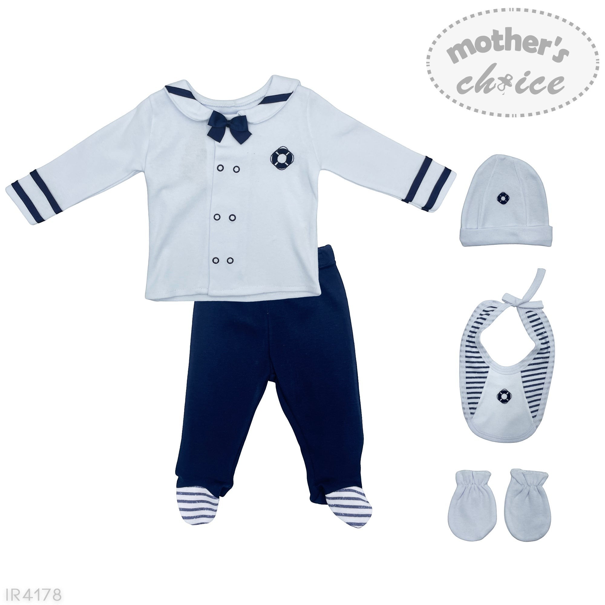 Baby boy outfit set with shirt, pants, hat, bib, and booties on a white background.