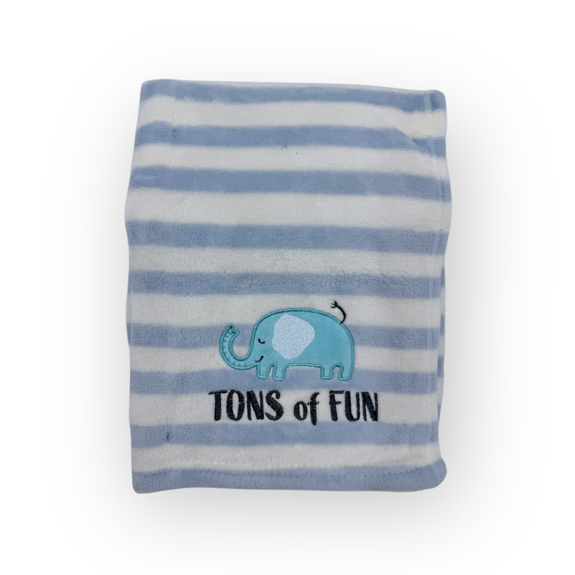 Striped blanket with an elephant and text on a white background