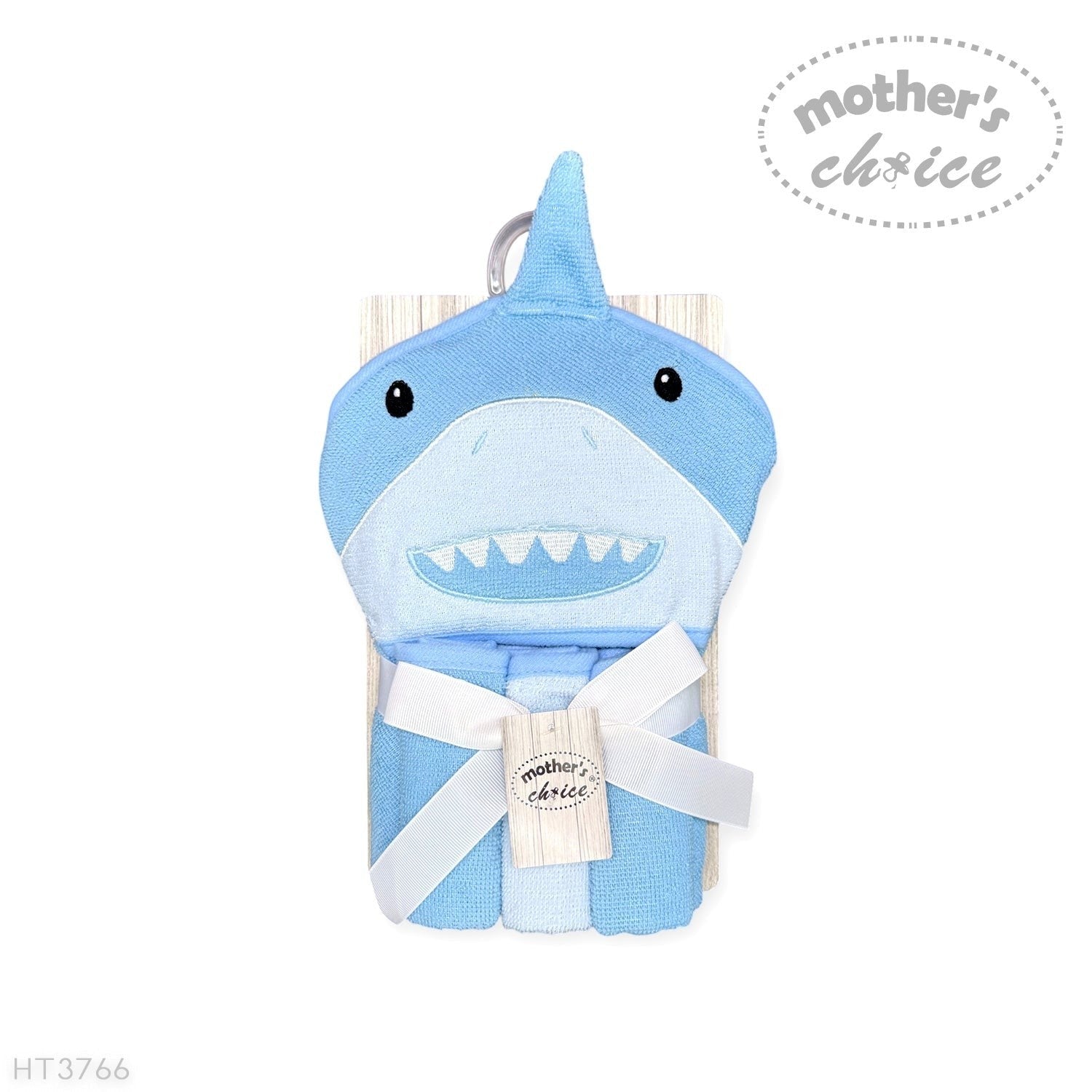 Blue shark-shaped hooded towel with a white strap, branded 'Mother's Choice', on a white background.
