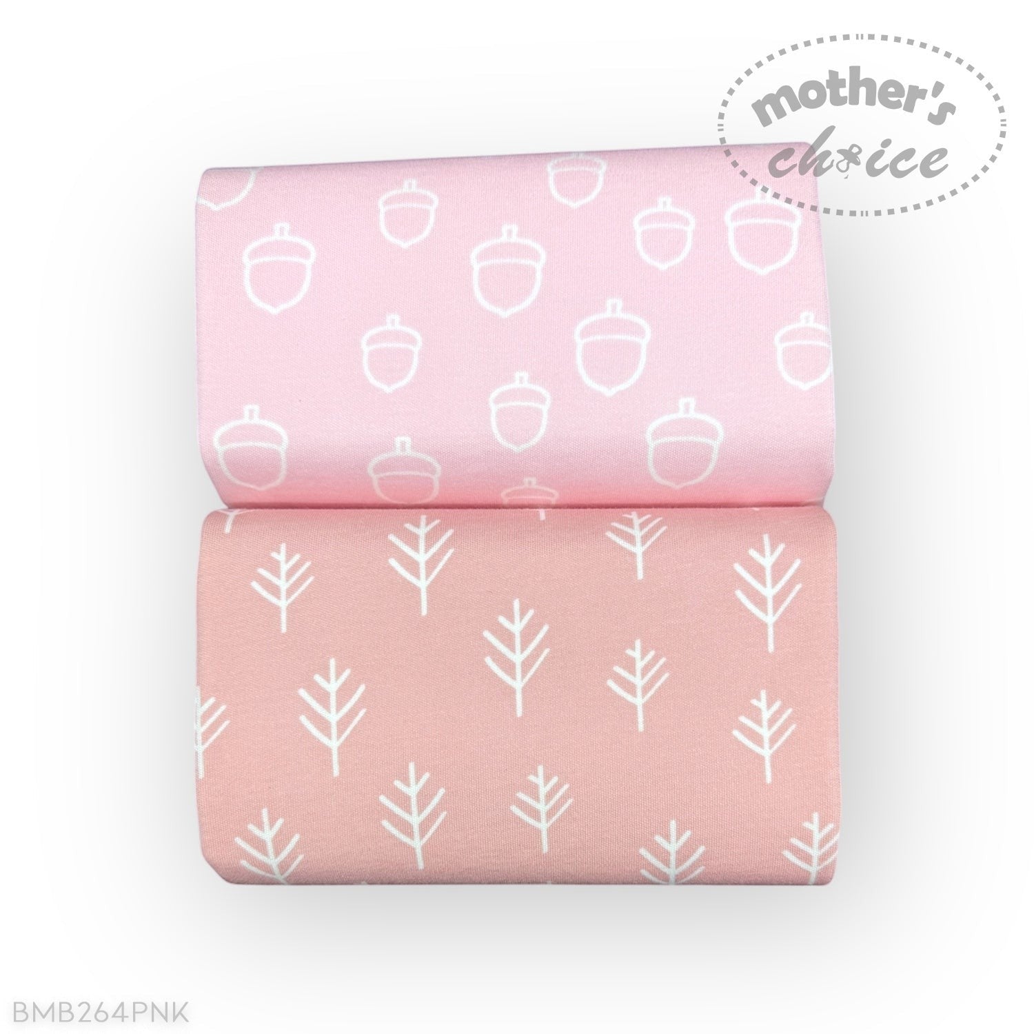 Two pink baby blankets with white acorn and tree patterns, branded 'Mother's Choice'.