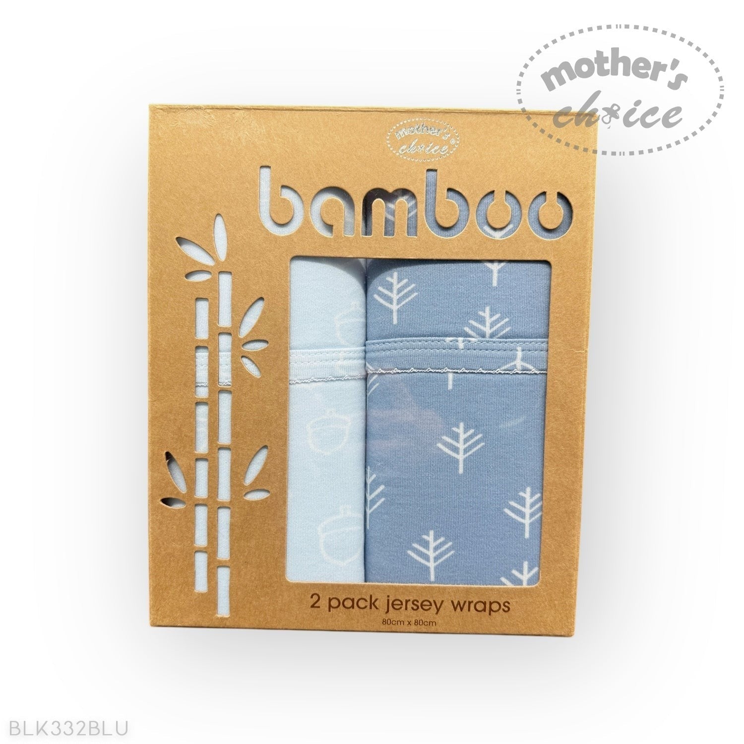 Pack of bamboo jersey wraps with tree pattern in a cardboard box on a white background