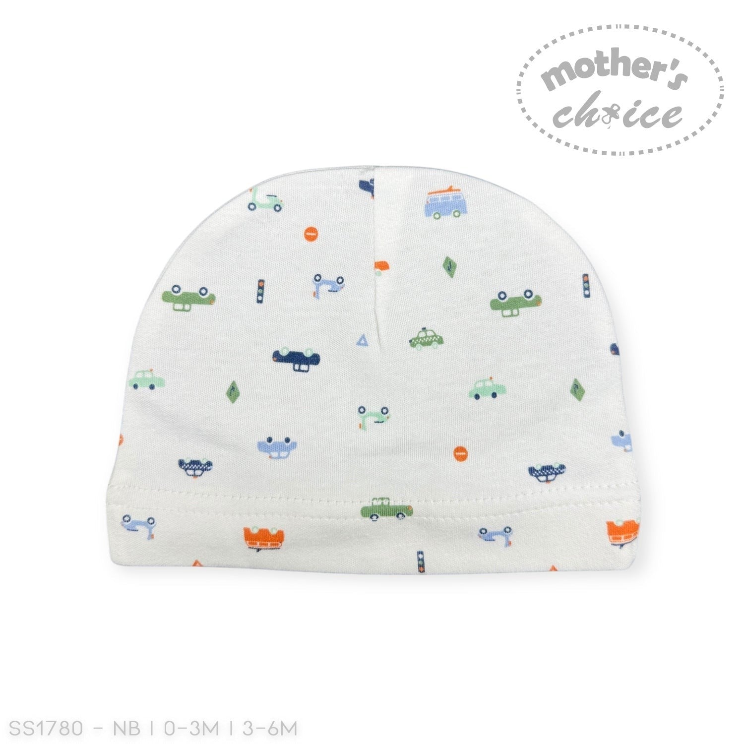 Baby hat with vehicle pattern on a white background, branded 'Mother's Choice'.