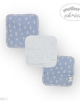 Three baby blankets with blue and white patterns on a white background, featuring 'Mother's Choice' branding.