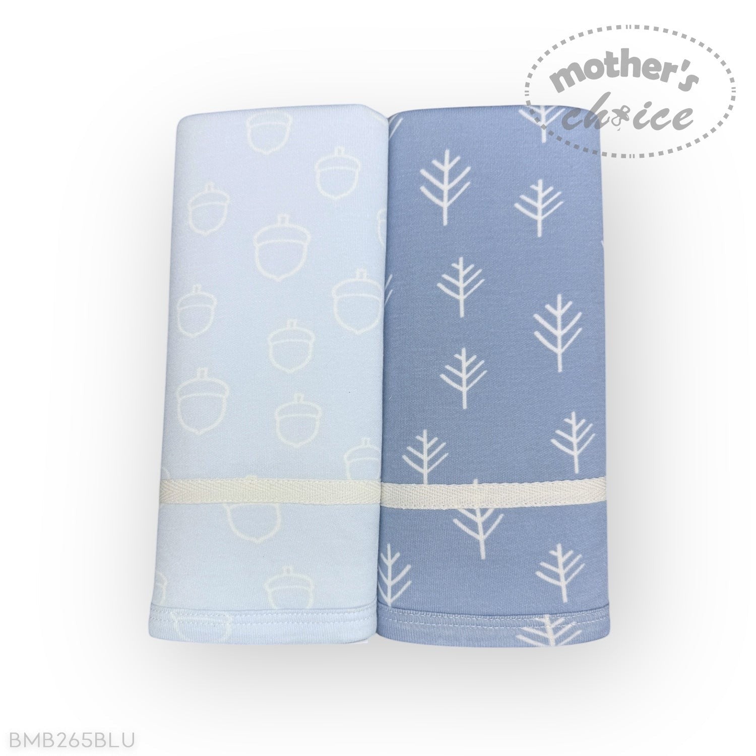 Two blue baby blankets with acorn and tree patterns on a white background, branded 'Mother's Choice'.