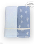 Two blue baby blankets with acorn and tree patterns on a white background, branded 'Mother's Choice'.