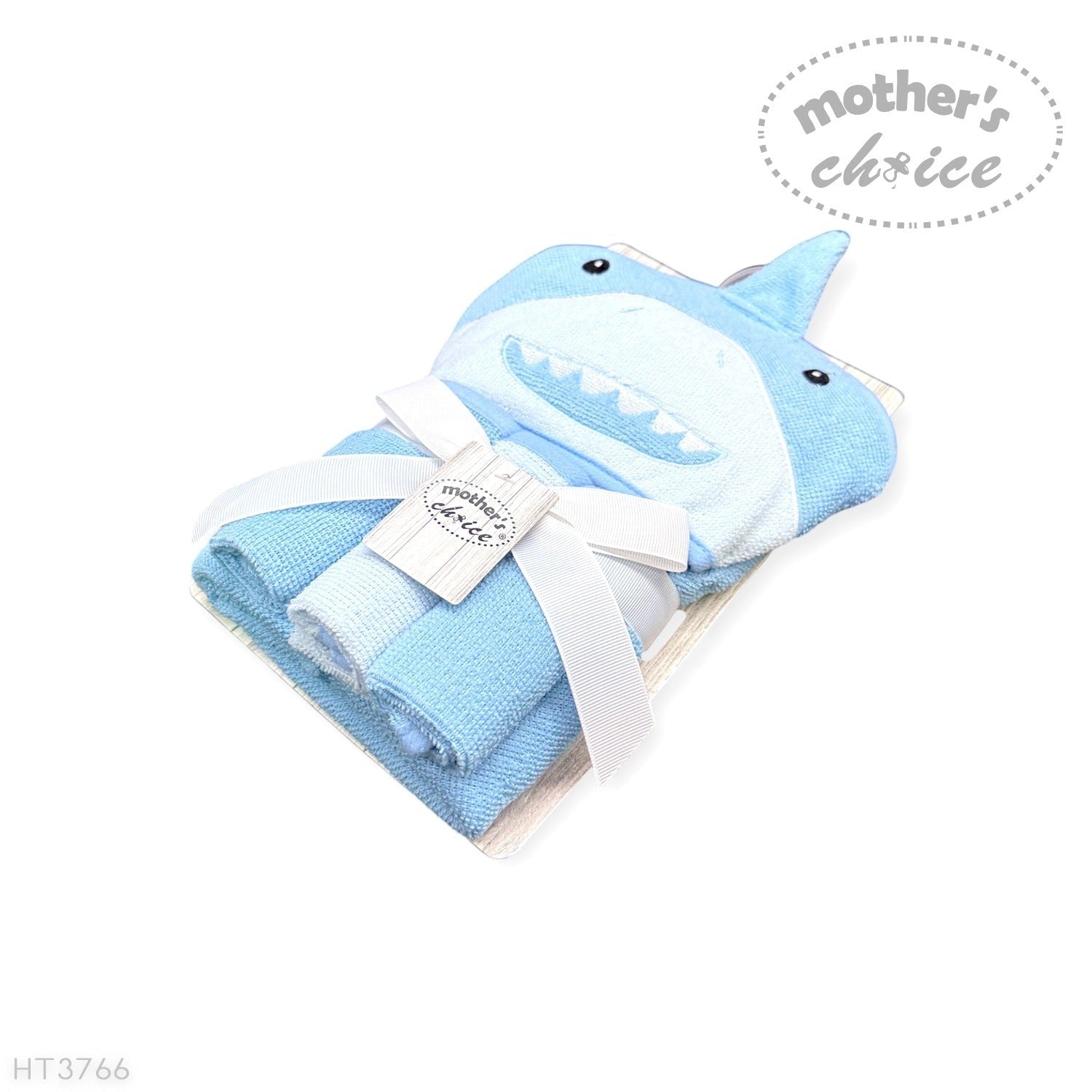 Folded blue towel with shark design and white bow, branded 'Mother's Choice', on a white background.