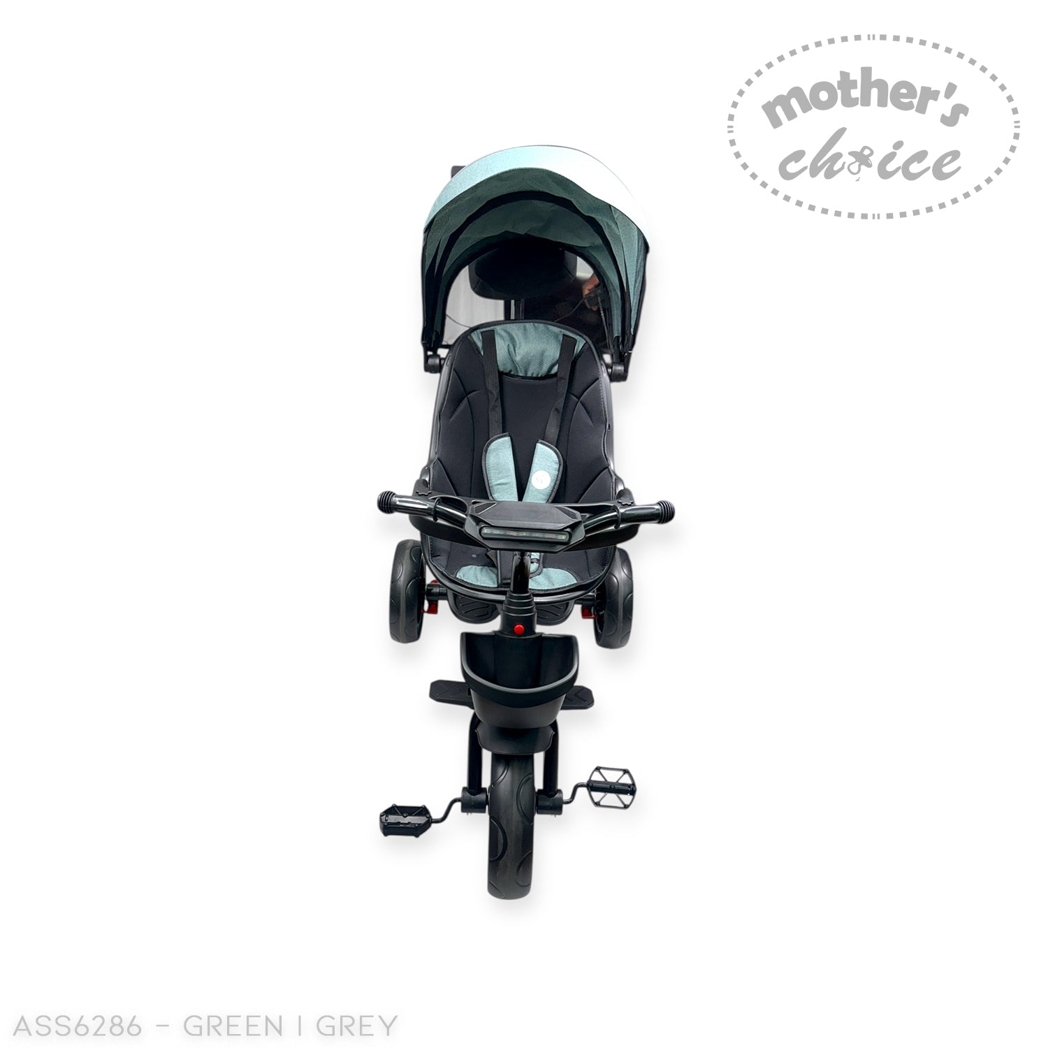 Green and grey stroller with 'Mother's Choice' branding on a white background