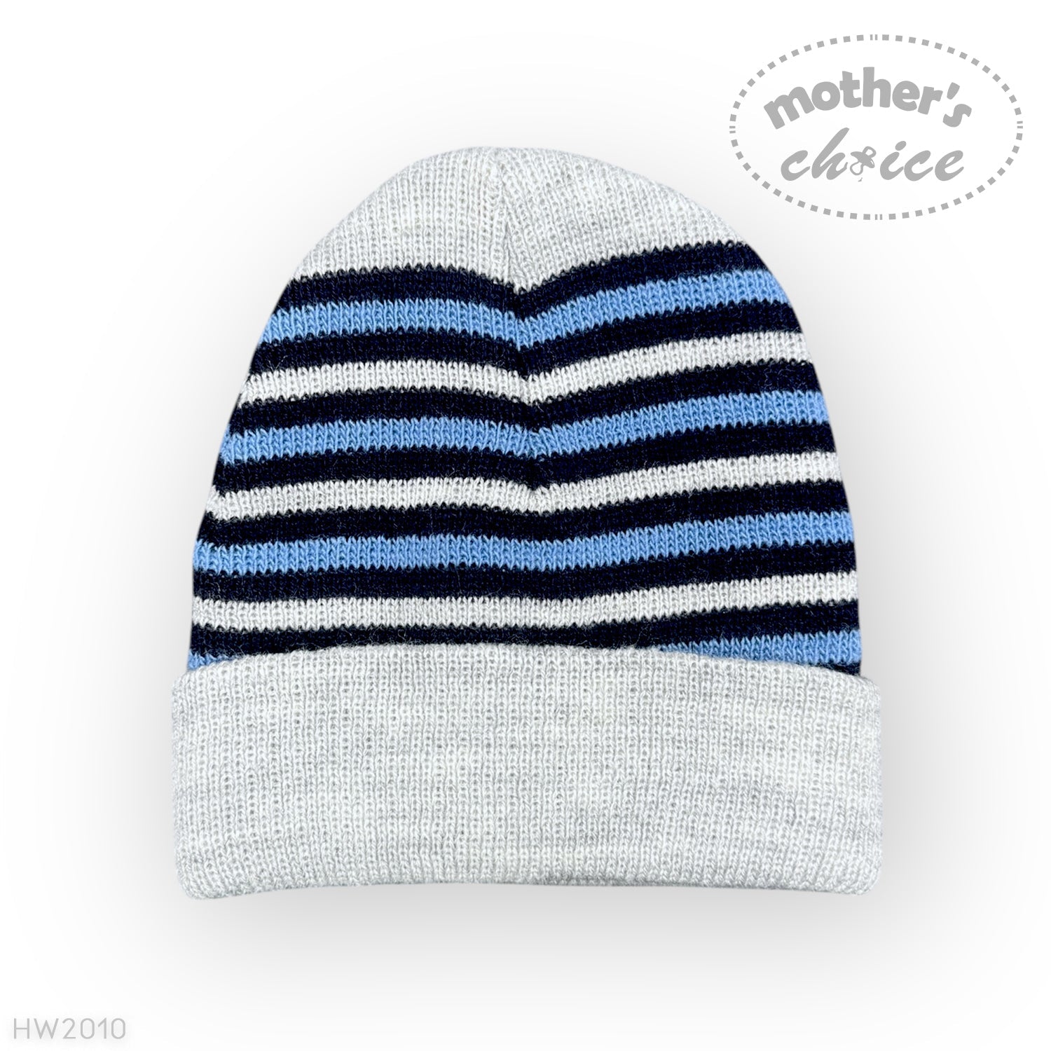 Striped knit baby hat with 'Mother's Choice' branding on a white background