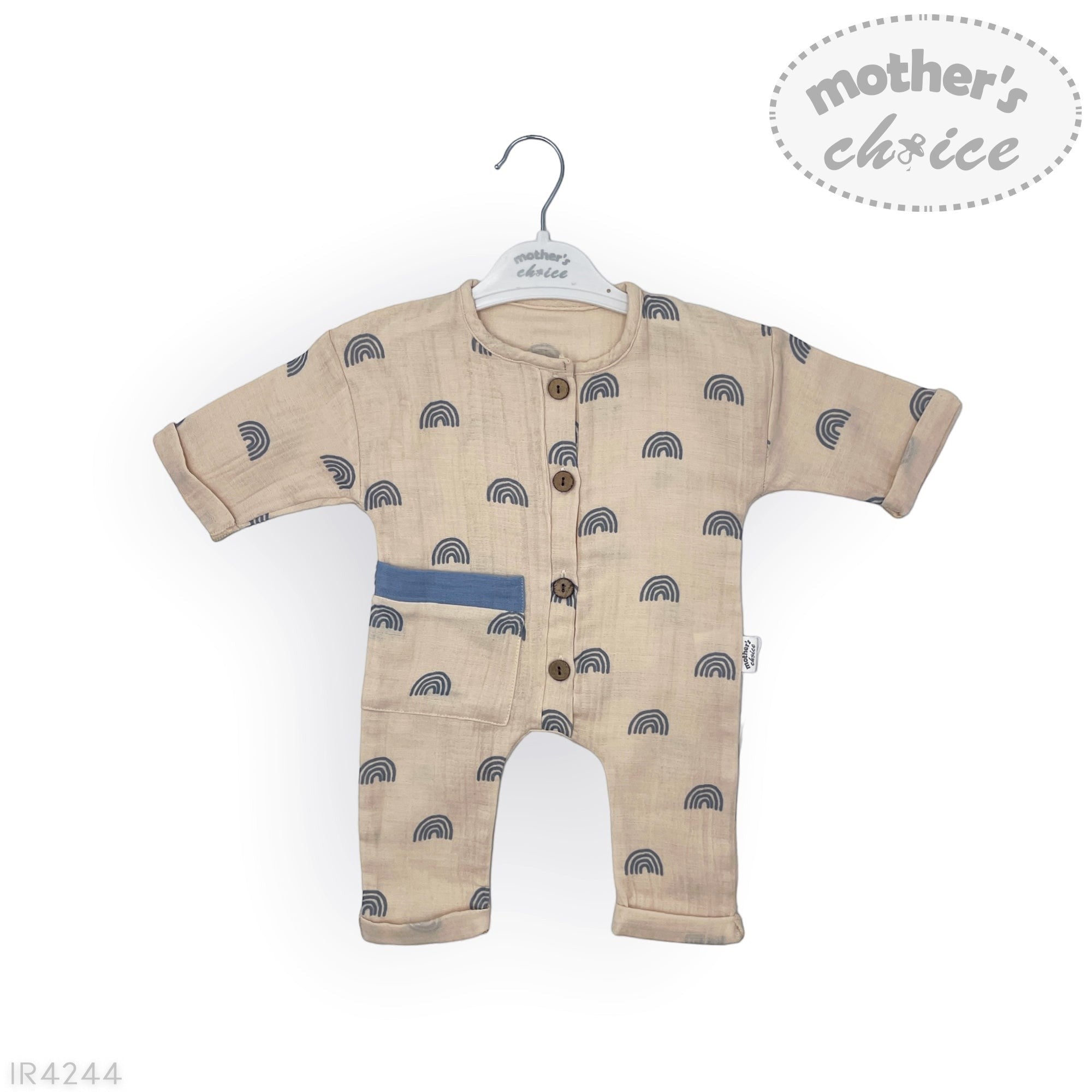Baby romper with rainbow pattern on a hanger against a white background, branded 'Mother's Choice'.