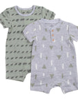 Two baby rompers with geometric patterns on a white background