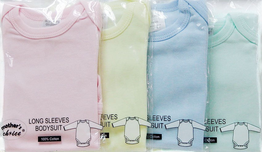 Four baby long-sleeve bodysuits in pink, yellow, blue, and green packaging.
