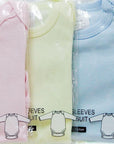 Four baby long-sleeve bodysuits in pink, yellow, blue, and green packaging.