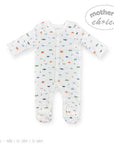 Baby onesie with vehicle pattern on a white background, branded 'Mother's Choice'.