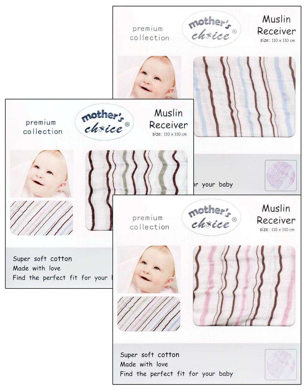 Collection of 'Mother's Choice' muslin receivers with baby faces and text on a white background.