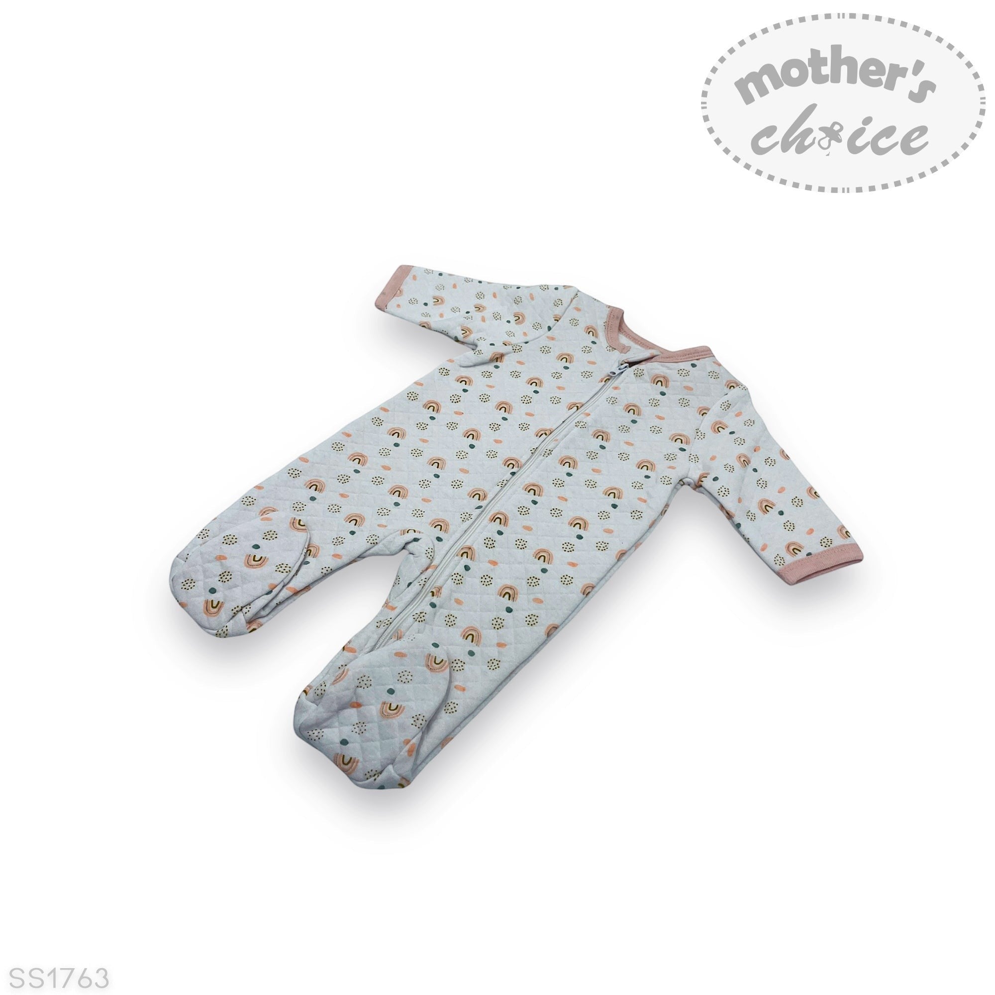 Baby onesie with animal pattern on a white background, branded 'Mother's Choice'.