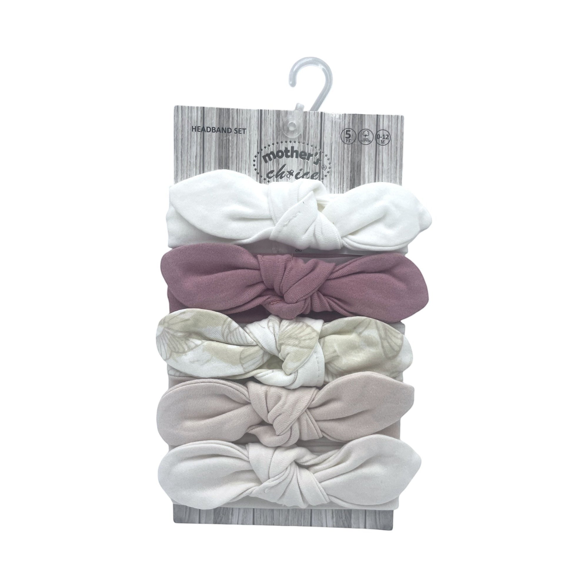 Set of baby headbands on a hanger with 'Mother's Choice' branding.