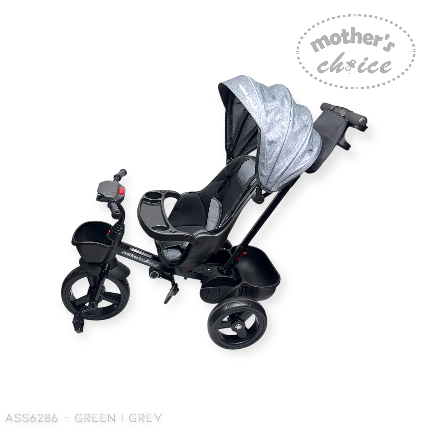 Gray and black stroller with canopy on a white background, featuring 'Mother's Choice' branding.