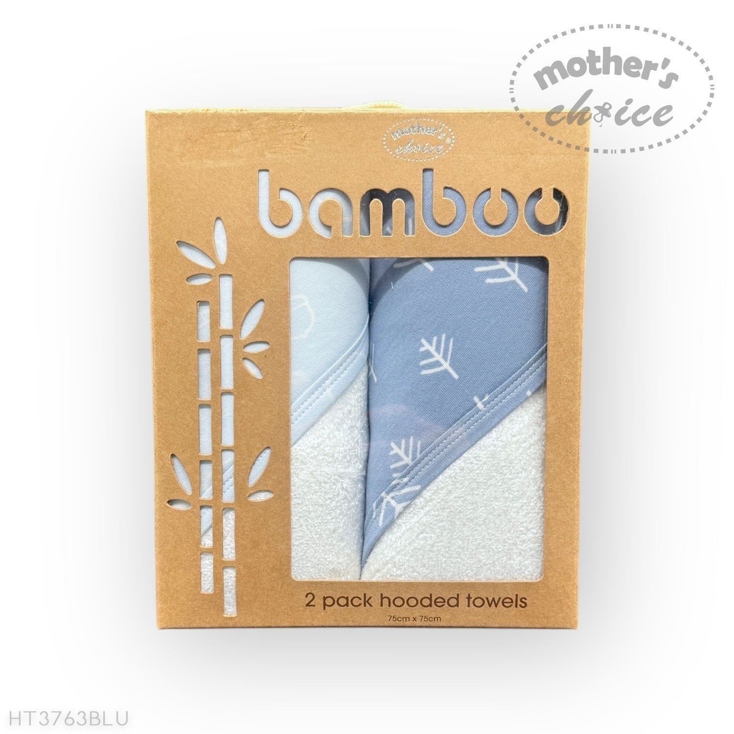 Pack of 2 bamboo hooded towels with leaf pattern in a 'Mother's Choice' branded box.