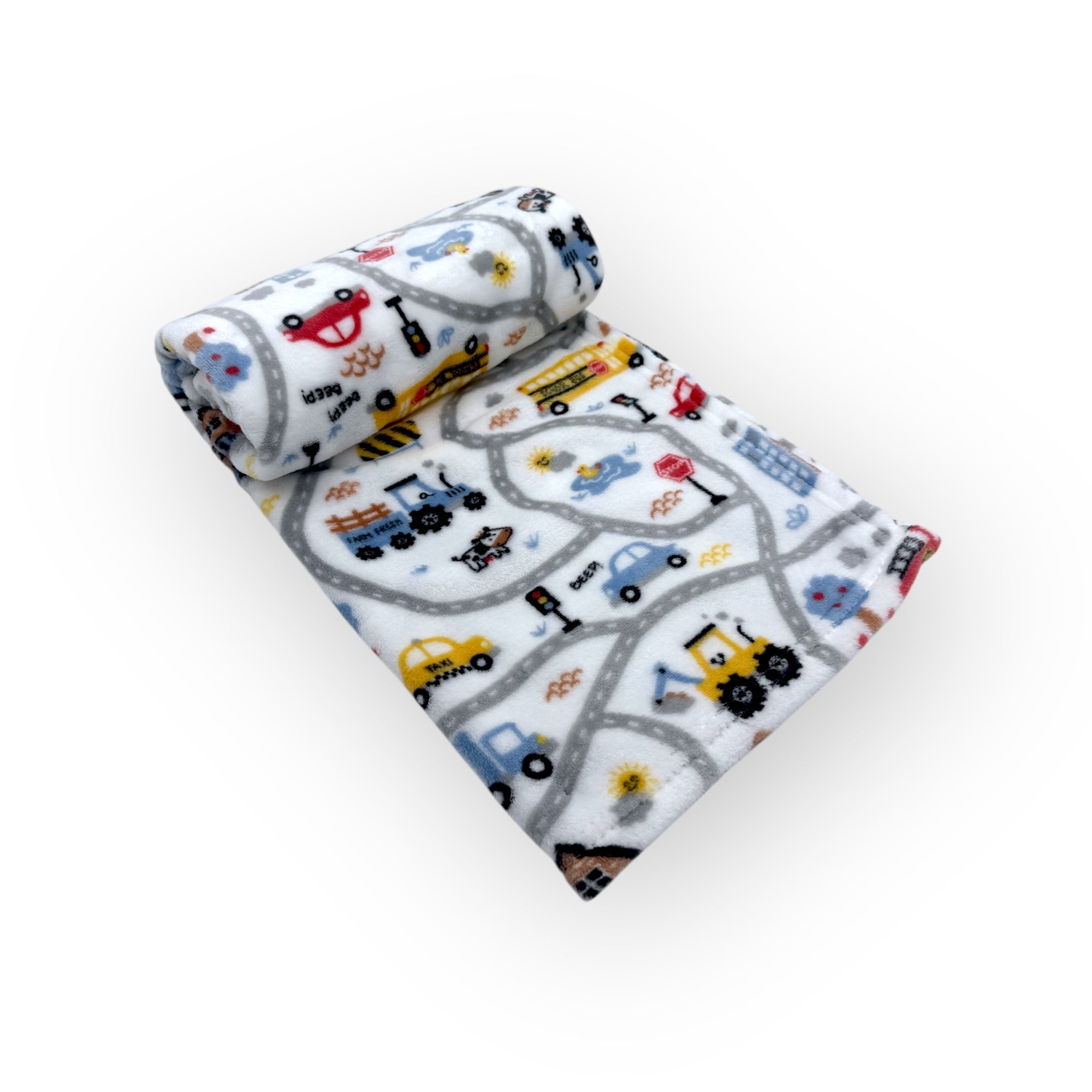 Children's sleeping bag with vehicle pattern on a white background