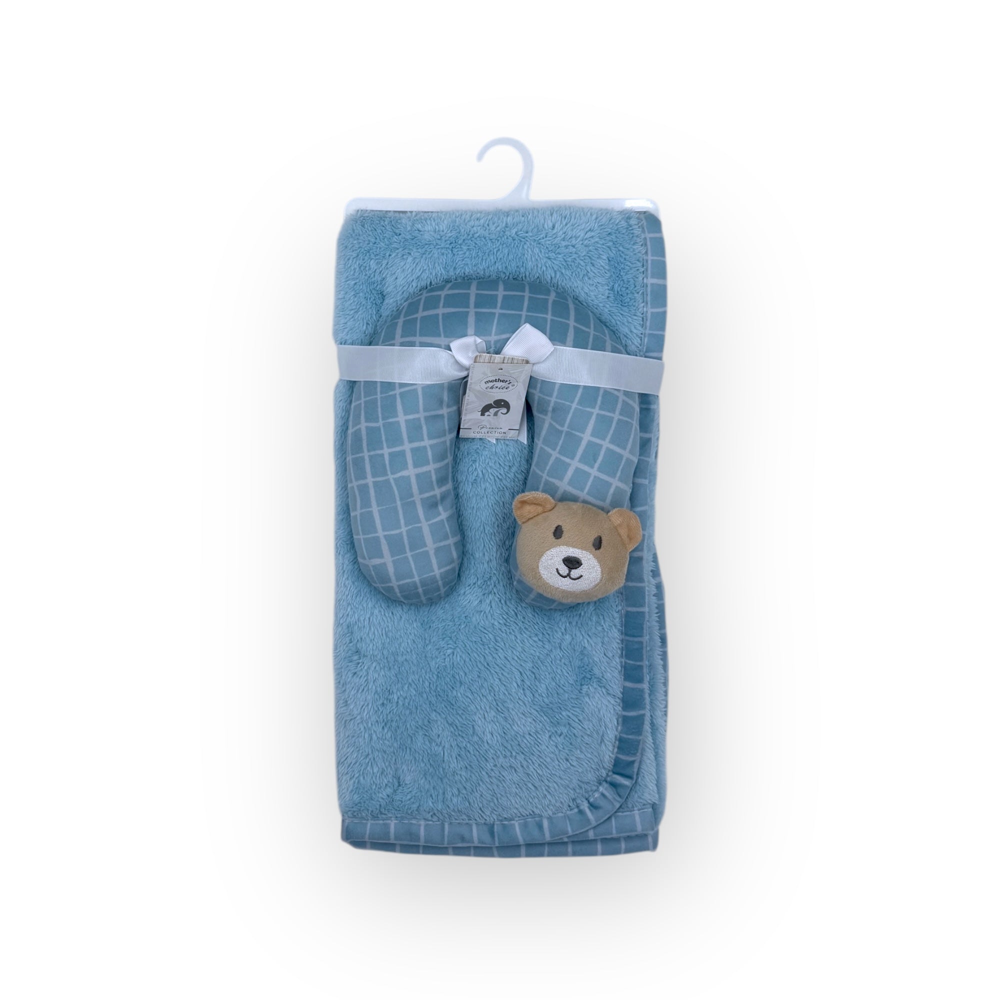 Blue towel with checkered pattern and teddy bear design on a white background