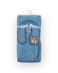 Blue towel with checkered pattern and teddy bear design on a white background