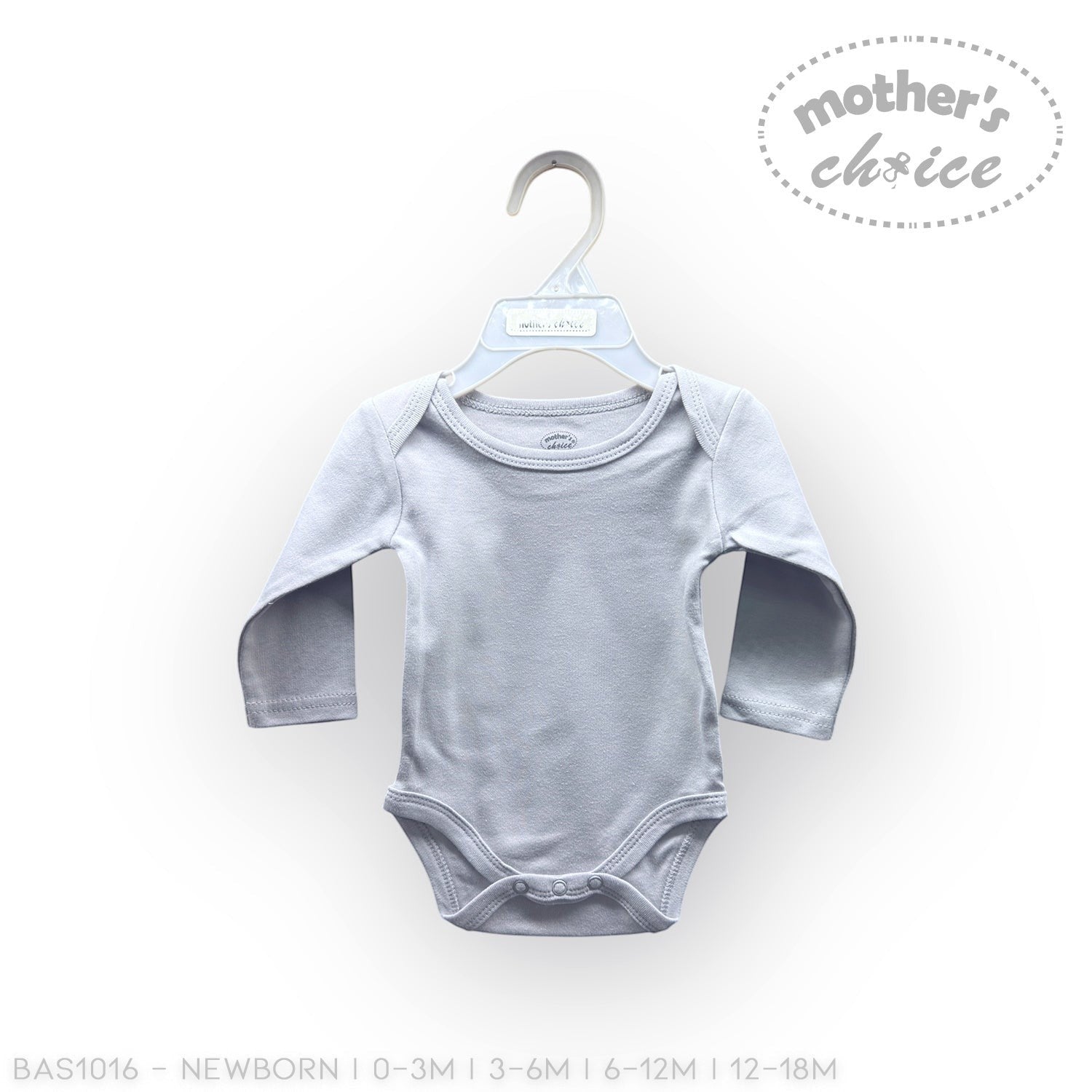 Gray baby onesie on a hanger with 'Mother's Choice' branding on a white background