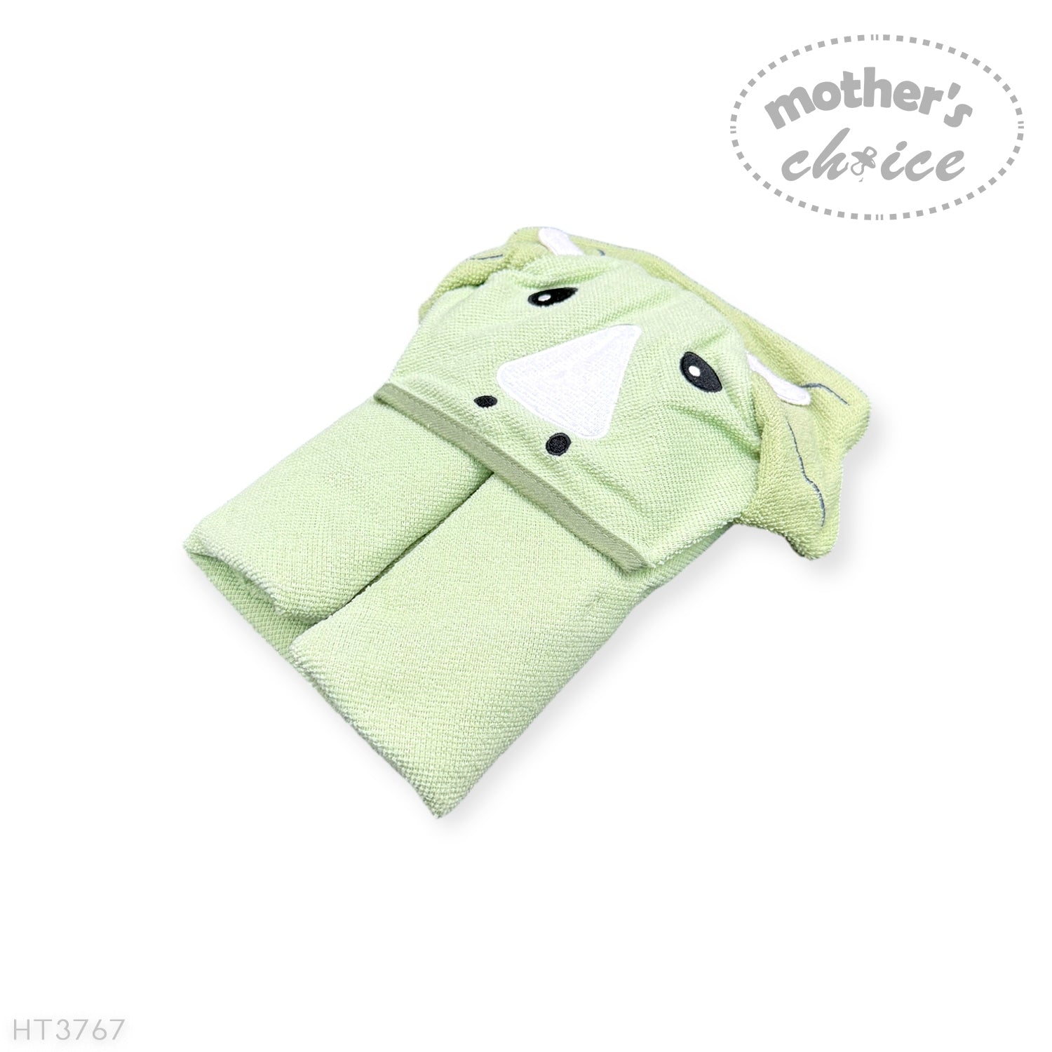 Green baby towel with hood and black buttons on a white background, branded 'Mother's Choice'.