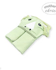 Green baby towel with hood and black buttons on a white background, branded 'Mother's Choice'.