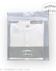 White baby onesie in clear packaging with 'Mother's Choice' branding on a white background