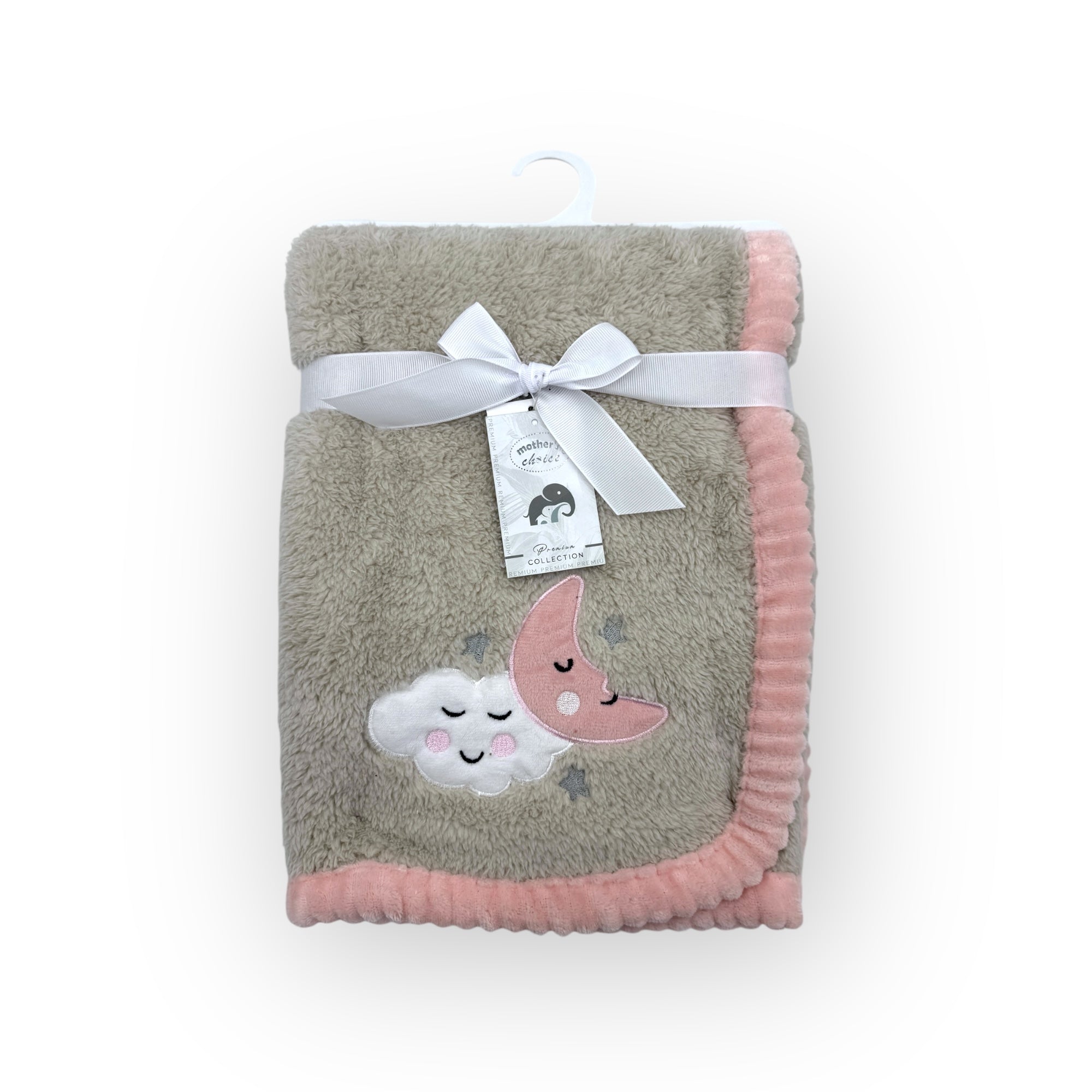 Baby blanket with cloud and moon design on a white background