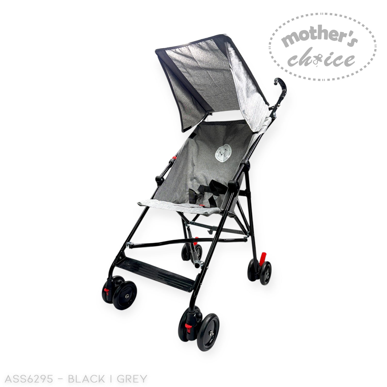 Black and grey stroller with 'Mother's Choice' branding on a white background
