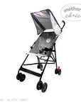 Black and grey stroller with 'Mother's Choice' branding on a white background
