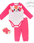 Children's pink and white outfit with matching socks on a white background, featuring 'mother's choice' branding.