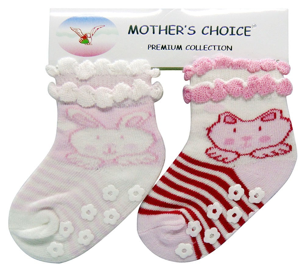 Two baby socks with cat designs on a 'Mother's Choice' branded card.