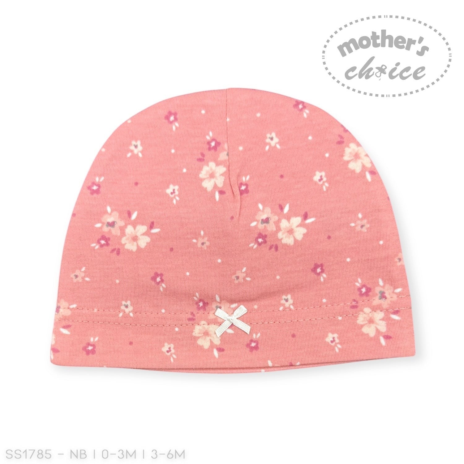Pink baby hat with floral pattern on a white background, branded 'Mother's Choice'.