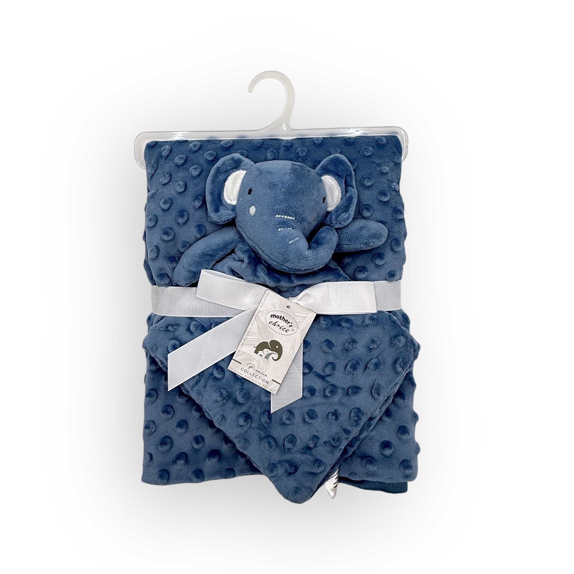 Blue plush toy and blanket set with a tag on a white background
